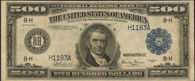 Reproduction US $500 Dollar Bill Series 1918 Large size with BLUE seal 