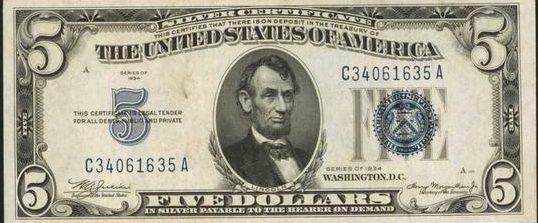 Series of 1934 $5 Silver Certificate Values and Pricing Sell Old