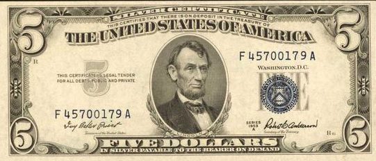 Sold at Auction: Collectible Faulty Alignment /Miscut Error US $5 Five  dollar silver certificate blue seal 1953A bill